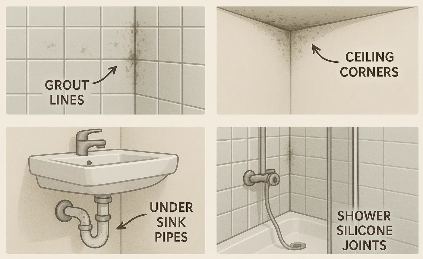 Common places where black mold develops in bathrooms