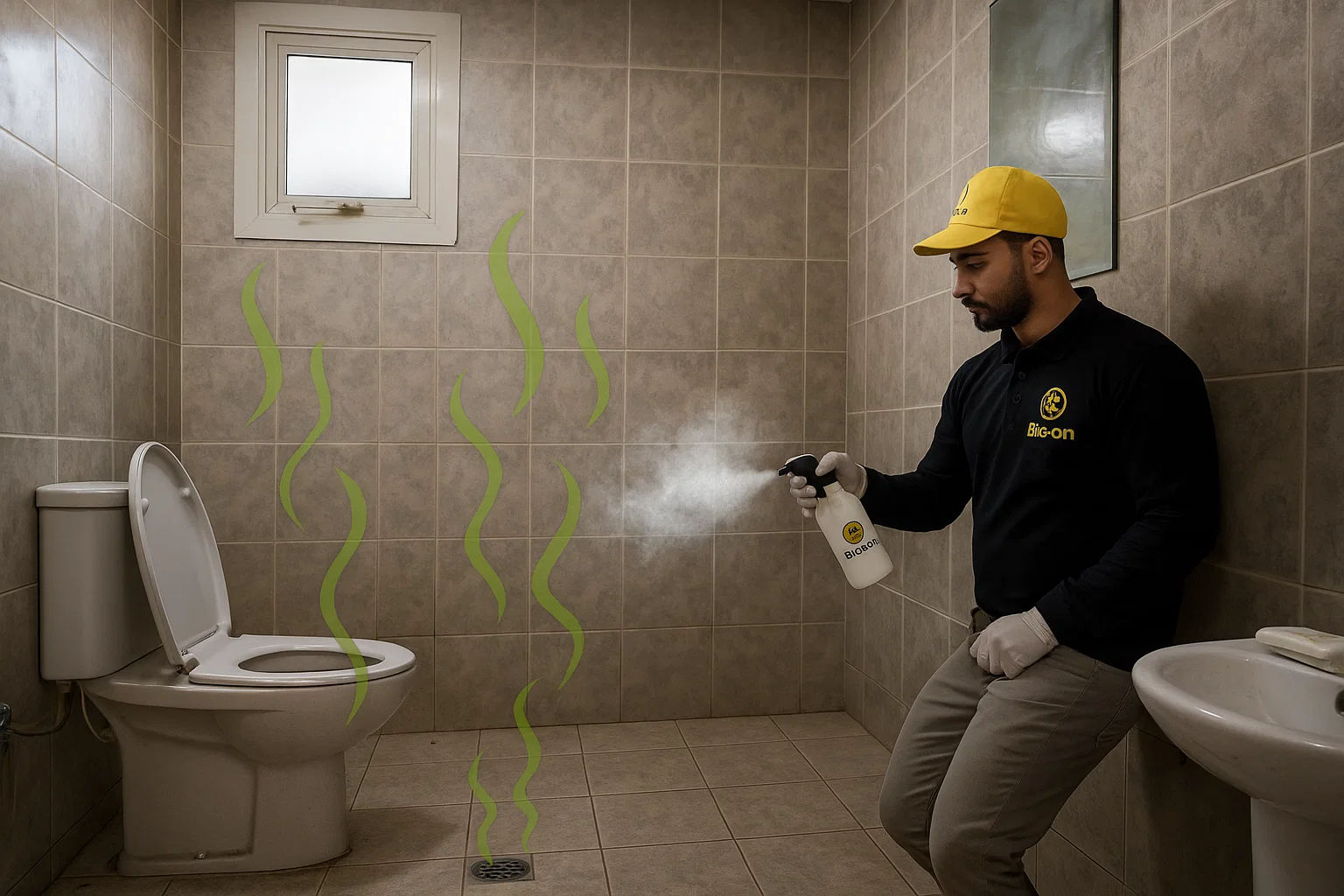 Bio-On’s team applying a powerful bathroom odor eliminator to eliminate stubborn smells