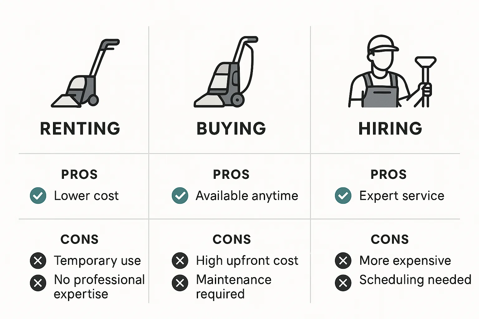 Choosing between renting, buying, or hiring a pro? Here's a quick guide to help you decide