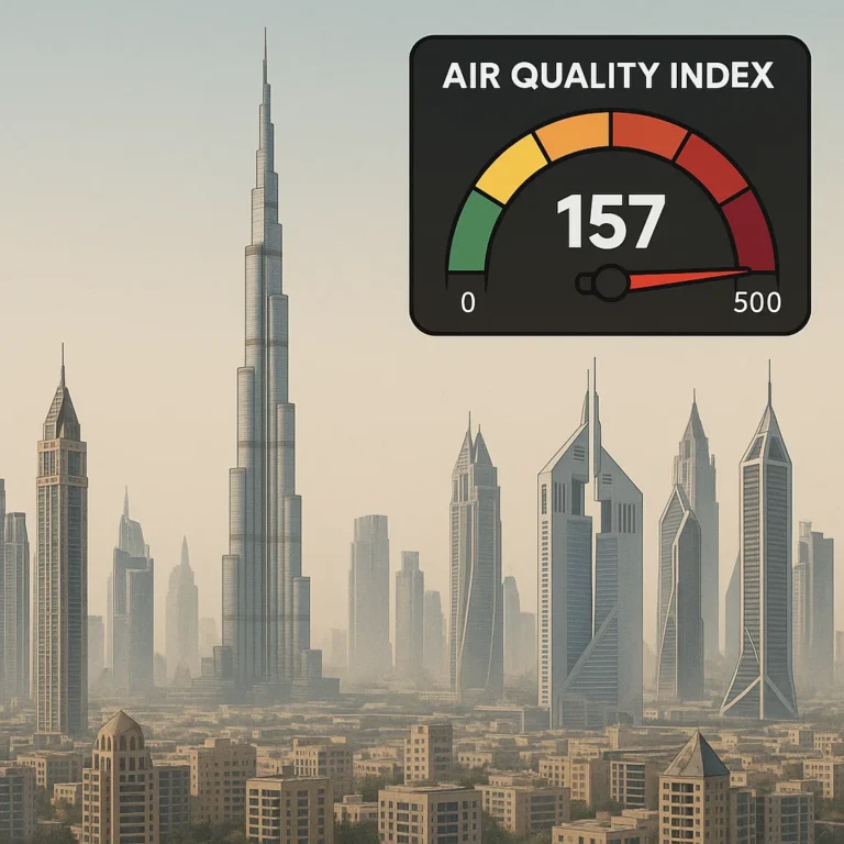 Dubai skyline with a live AQI gauge — know how clean the air is before stepping outside