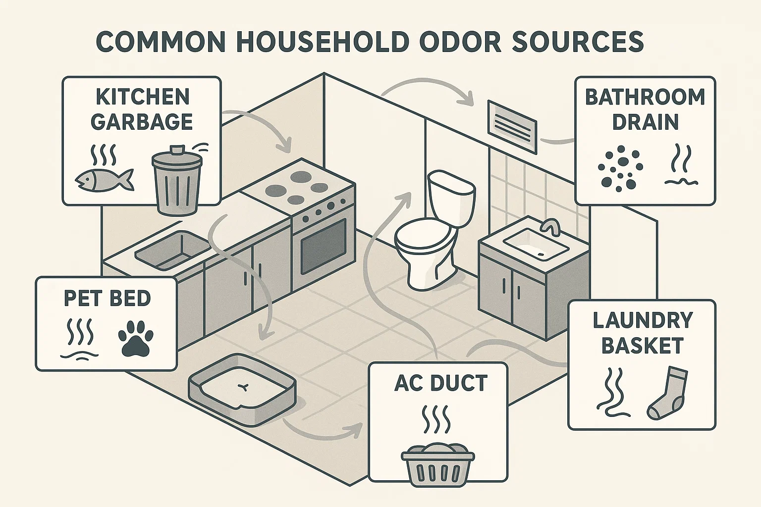 Illustration of the most common smell sources inside a house and how odor can spread through ventilation