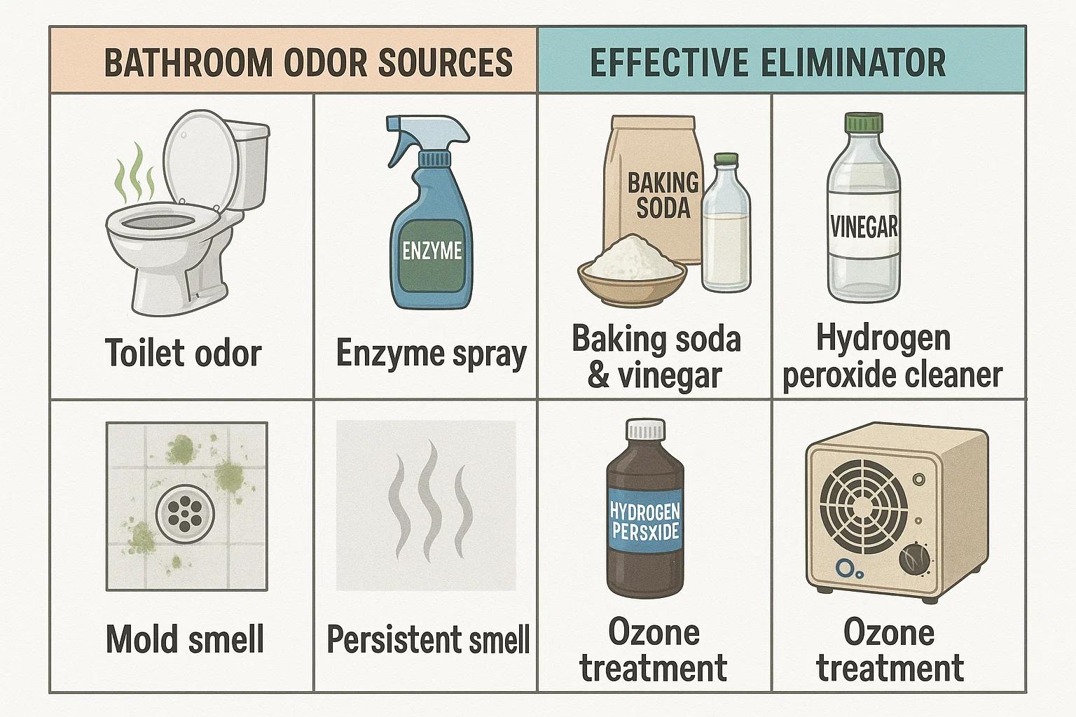 Quick reference for common bathroom odors and the best eliminator methods