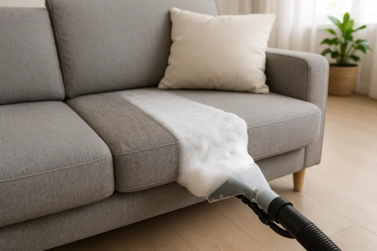 Upholstery cleaning in progress — professional couch sofa cleaner restoring comfort and freshness