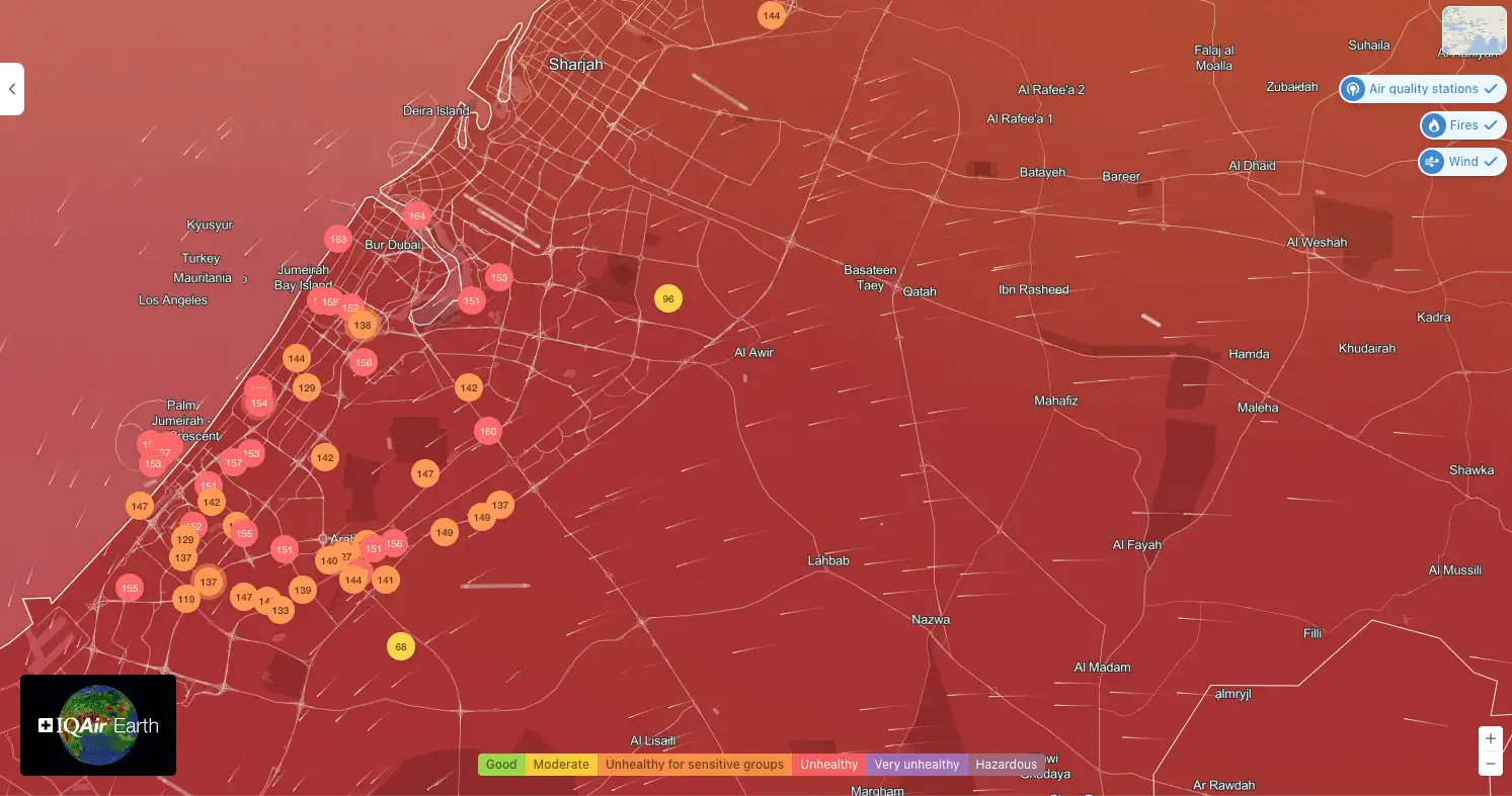iqaircom shows bad air quality index accross UAE