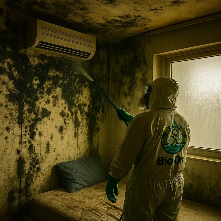 A Bio-On mold breaker team tackling severe fungal growth inside a Dubai apartment bedroom