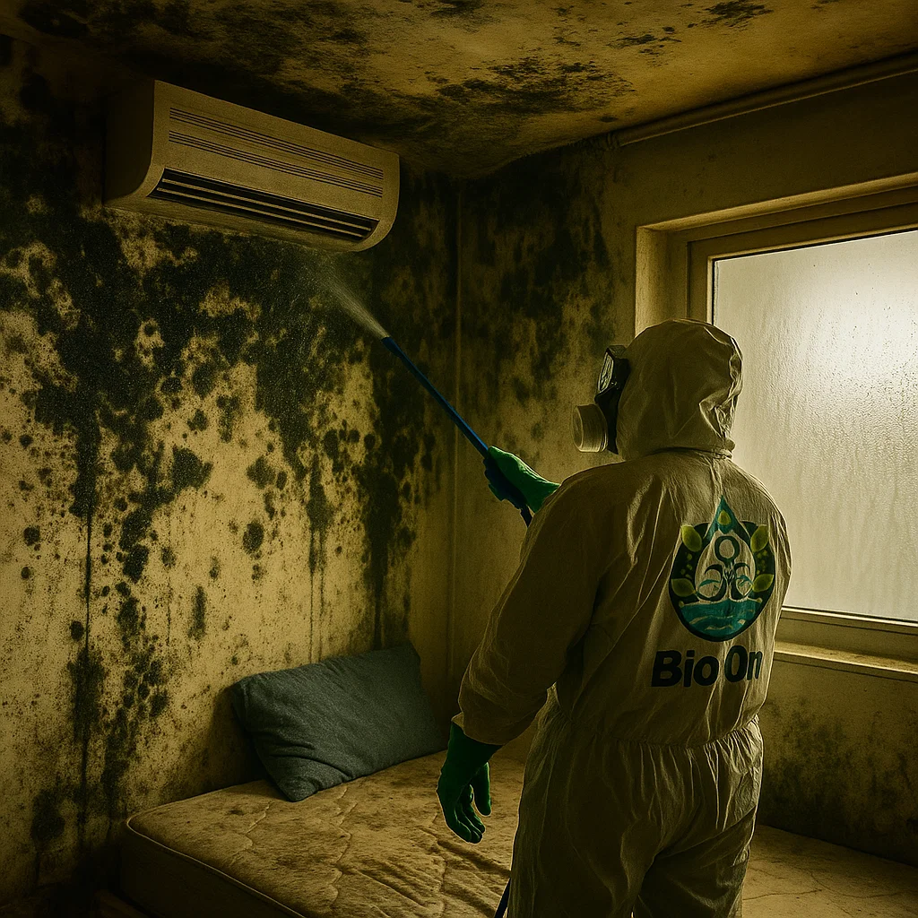 A Bio-On mold breaker team tackling severe fungal growth inside a Dubai apartment bedroom