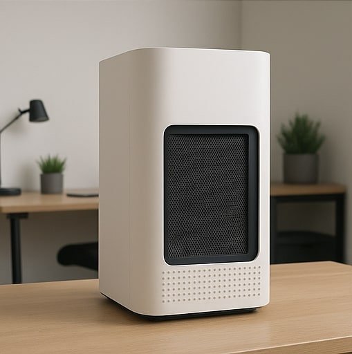 A sleek air purifier with a visible activated carbon filter inside, placed in a home office setting.