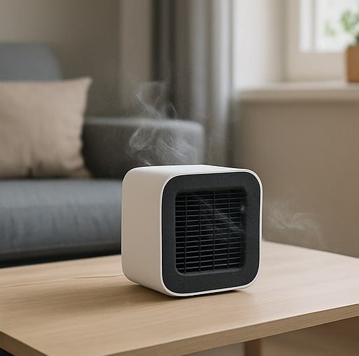 A tabletop air ionizer operating in a modern apartment, with particles visibly attracted to the unit (floating dust & smoke).