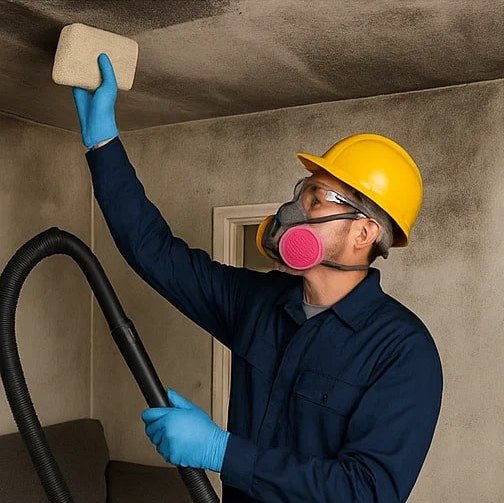 A technician in safety gear removing black soot from a living room ceiling and walls using specialized sponges and HEPA vacuums