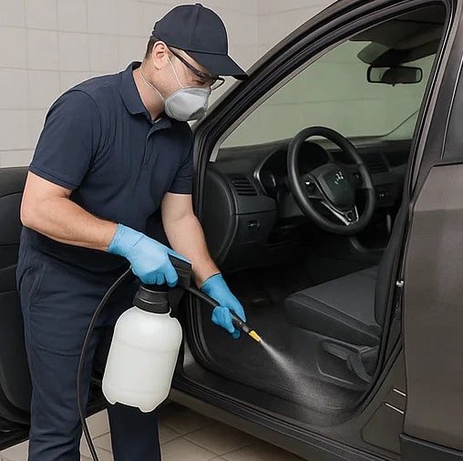 A technician using a hand-held sprayer to apply deodorizing chemicals across a tiled floor or car interior