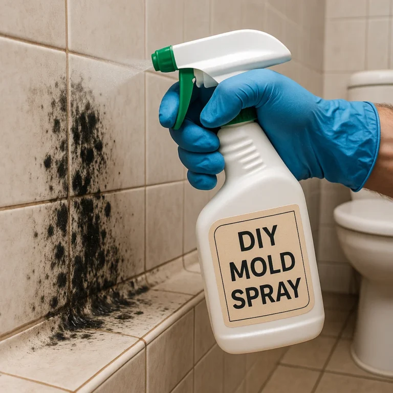 DIY mold removal spray in action on a moldy bathroom wall corner in the UAE