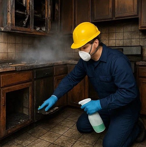 Deep cleaning of kitchen surfaces post-fire—technician scrubbing countertops and floors, using disinfectants and wiping blackened residue from cabinets
