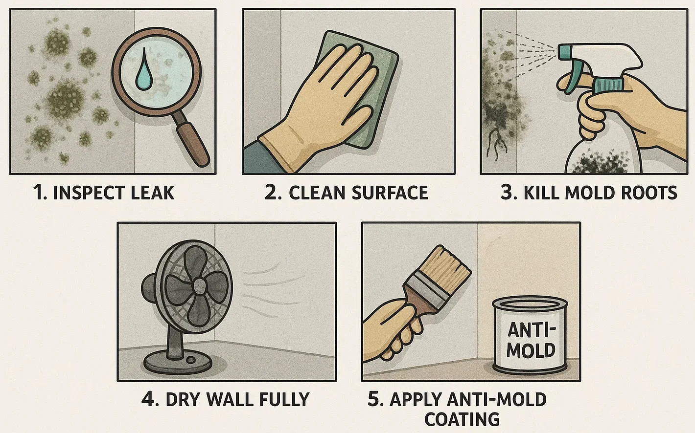 Effective wall mold treatment involves five steps—cleaning isn’t enough unless you also stop moisture and seal the surface