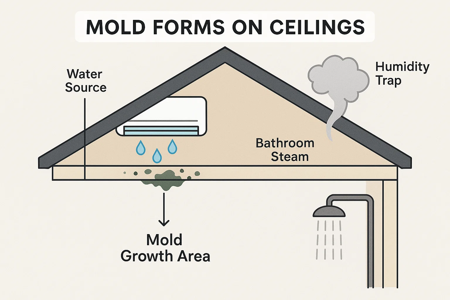 How moisture and poor ventilation lead to mold growth on ceilings.