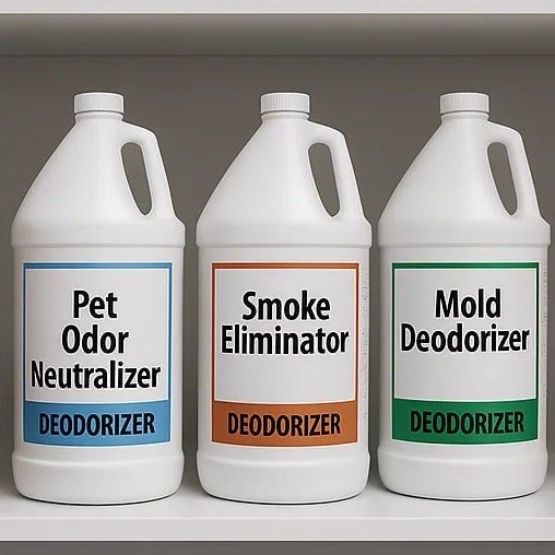 Labeled chemical bottles of professional-grade deodorizers on a shelf, including labels like Pet Odor Neutralizer, Smoke Eliminator, and Mold Deodorizer
