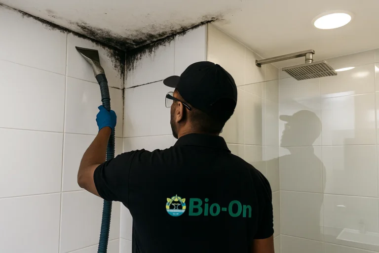 Mold cleanup in progress in a Dubai home bathroom—handled safely and professionally by the Bio-On team