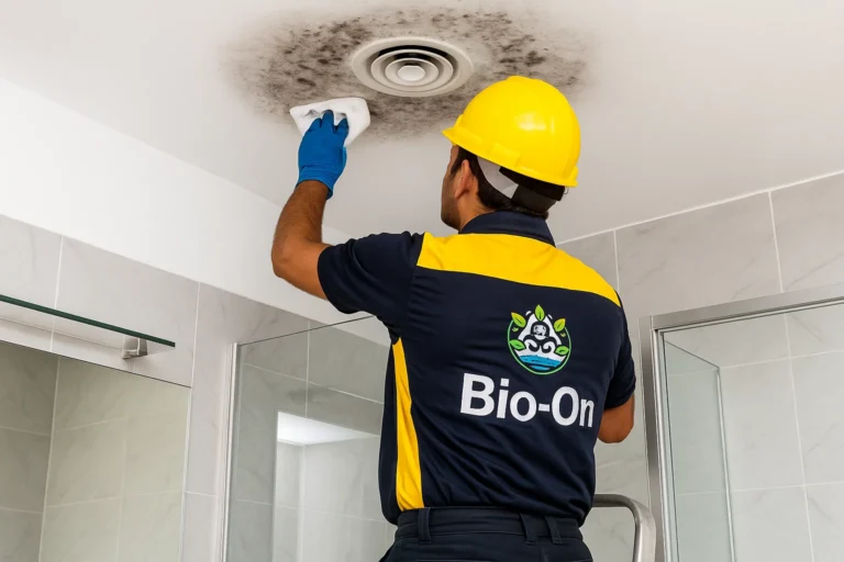 Mold on a bathroom ceiling in a UAE home being treated by the Bio-On team using safe, professional methods