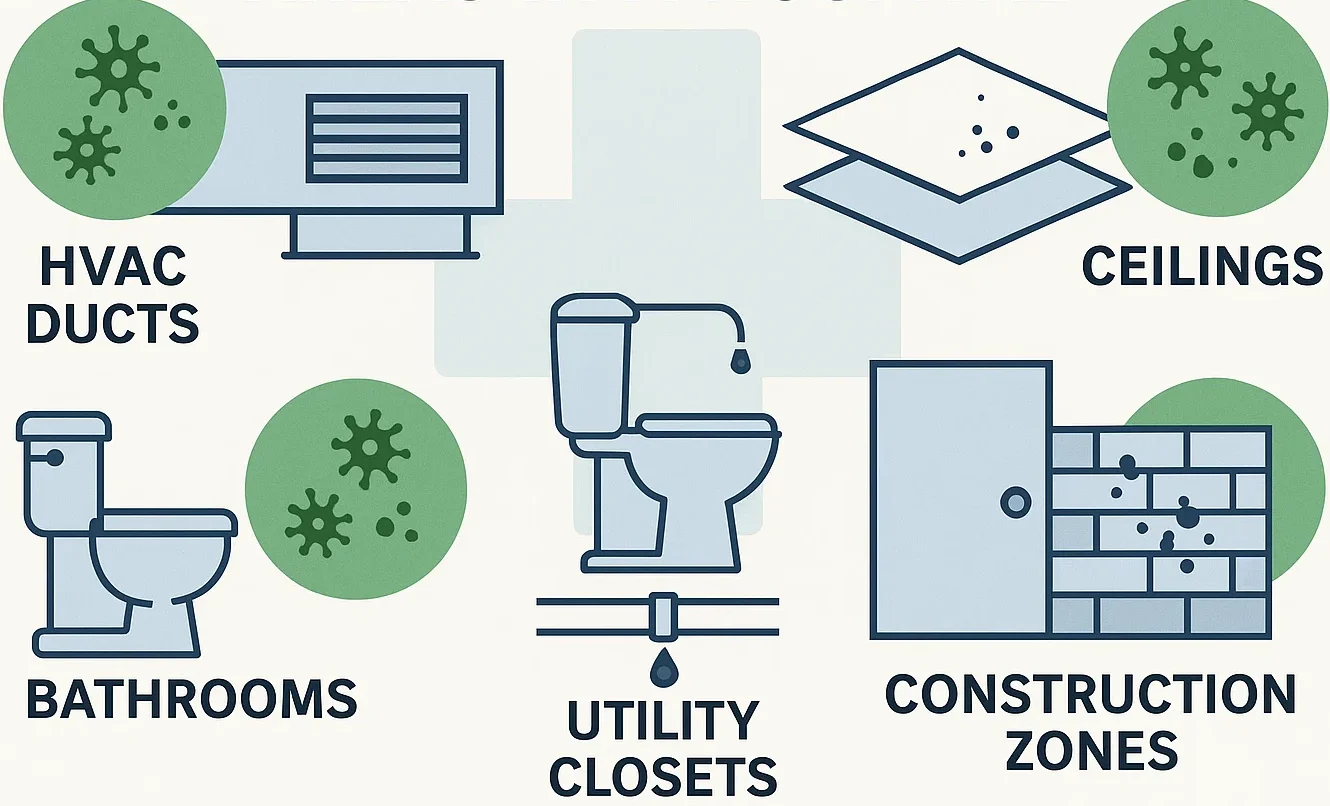 Mold thrives in hidden areas of hospitals—this visual shows where to check most often in UAE facilities