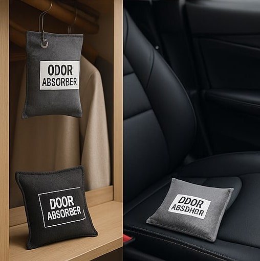 Small absorbent devices (zeolite bags, activated carbon pouches) placed inside a closet and in a car interior (compact and labeled “odor absorber”)