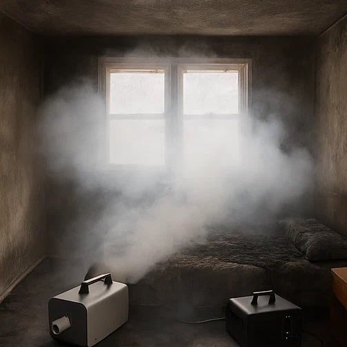 Use of fogging and ozone machines to eliminate smoke odor in a fire-damaged bedroom—fog is visible in the air with windows taped shut