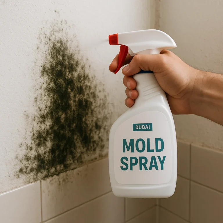 Using a mold spray on a bathroom wall to stop visible mold growth at home