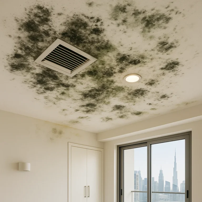 Visible black and green mold spreading across a residential ceiling in Dubai