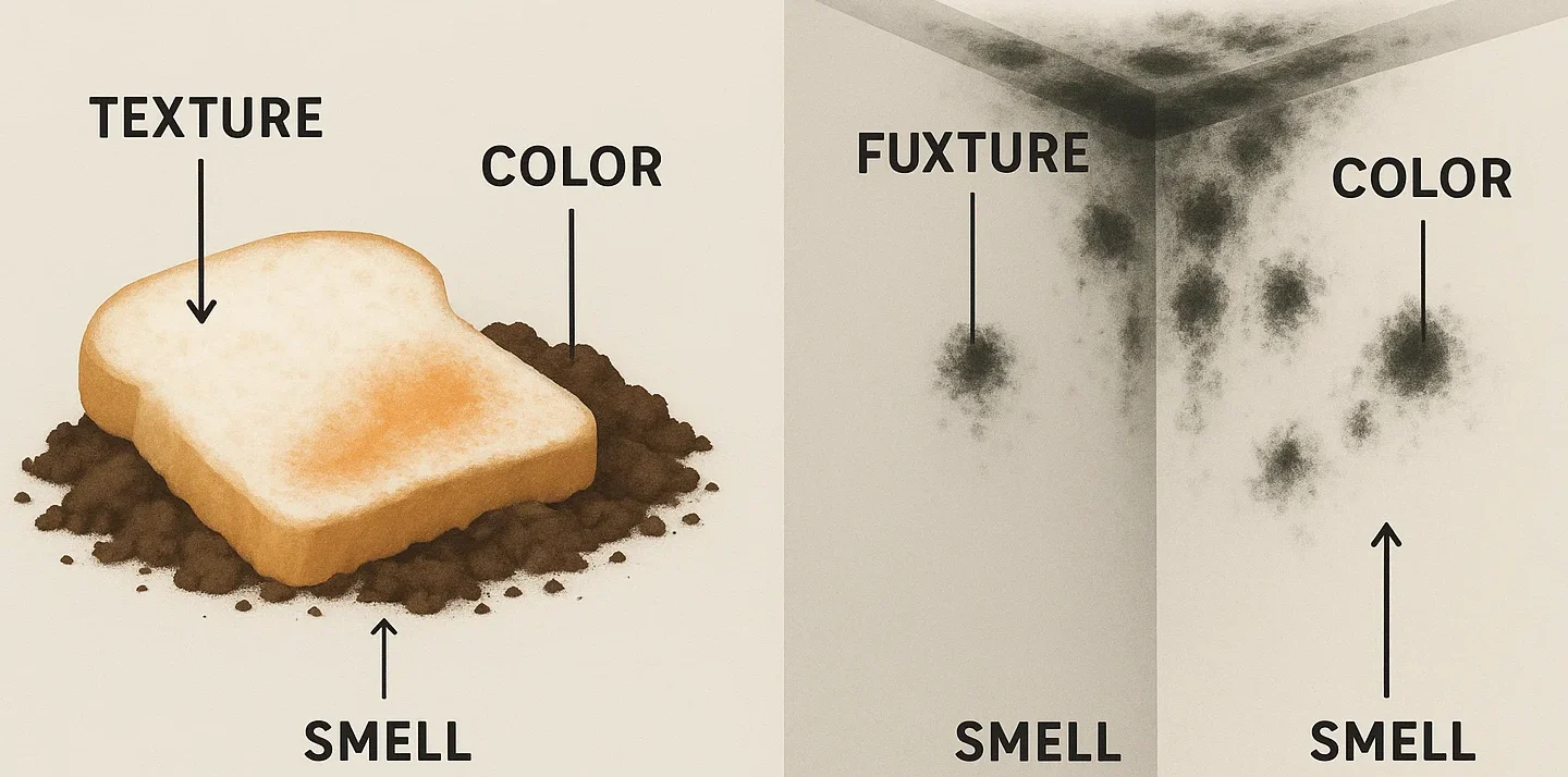 Visual comparison between harmless surface fungus and dangerous mold that requires expert removal