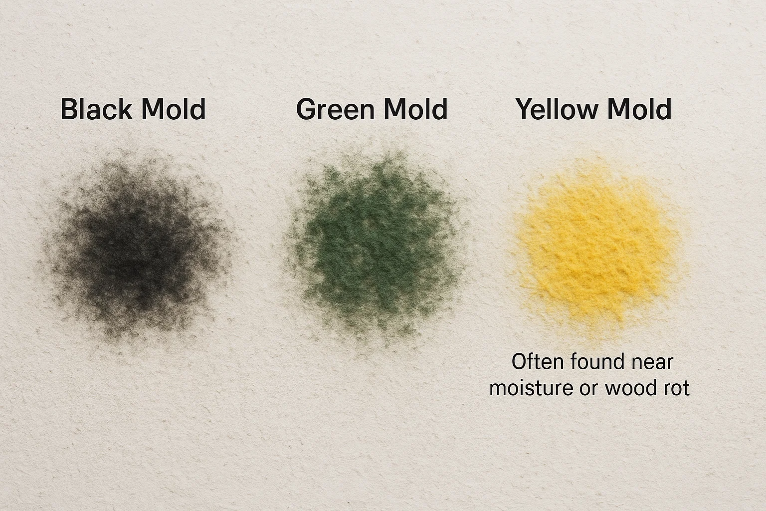 Visual comparison of black, green, and yellow mold types on wall surfaces
