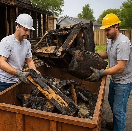 Workers loading charred furniture and debris into disposal bins—burned items include a couch, scorched wooden beams, and insulation