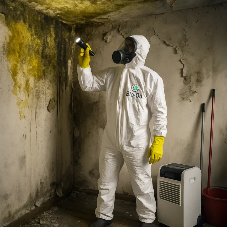 Yellow mold spreading on ceiling and wall before Bio-On treatment – technician in protective gear