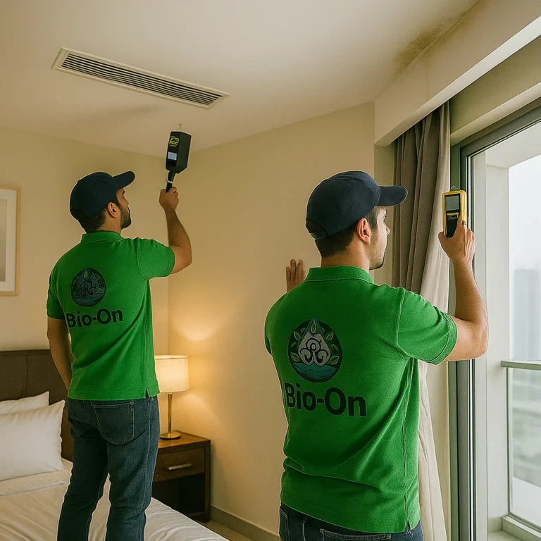 Bio-On experts performing mold testing in a Dubai apartment for hidden spores and air quality