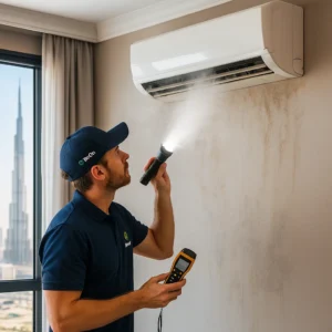 Bio-On technician inspecting a Dubai AC unit for musty odor and hidden mold