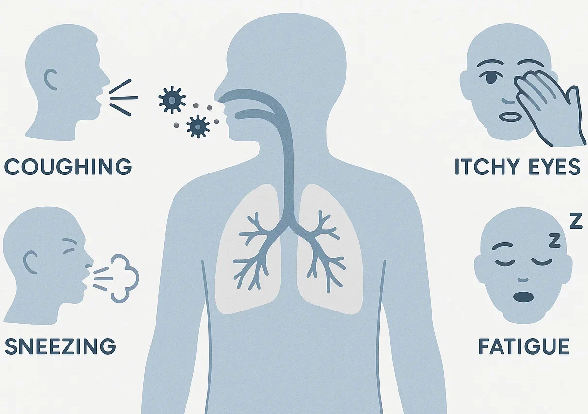 Common signs of fungal spore exposure include sneezing, asthma attacks, and chronic fatigue