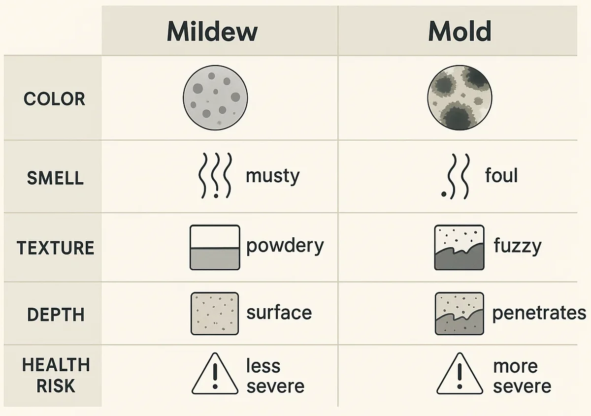 Quickly tell mildew from mold with this side-by-side comparison—helpful for early detection in your home