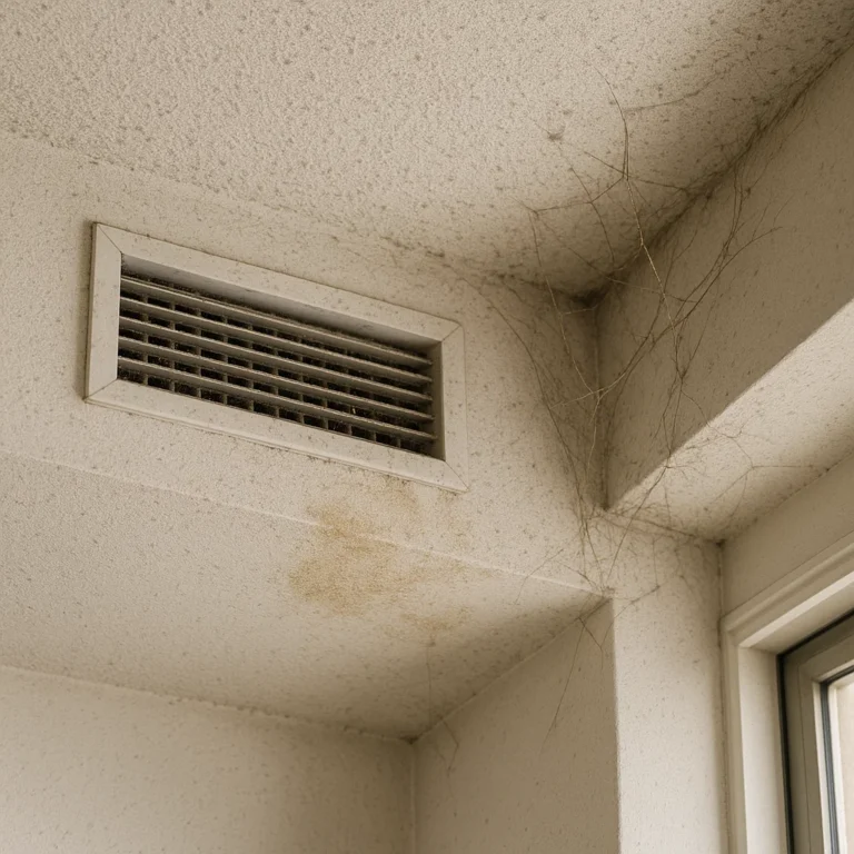 A dusty ceiling with cobwebs and stains needing cleaning in a UAE home