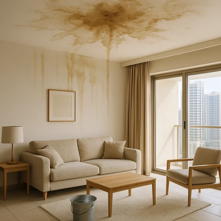 A leaking ceiling with visible water stains and dripping water