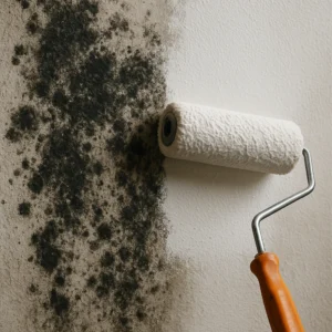 Applying mold killing primer over black mold stains on a wall