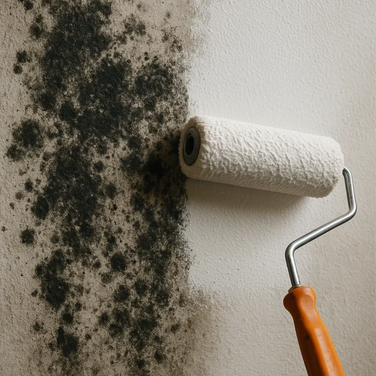 Applying mold killing primer over black mold stains on a wall