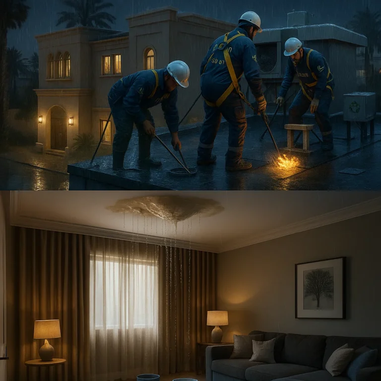 Bio-On team stopping an active roof leak—patching membranes and restoring drainage during a UAE downpour