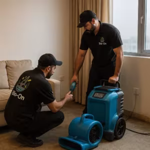 Bio-On technicians drying a soaked carpet to stop musty odors at the source