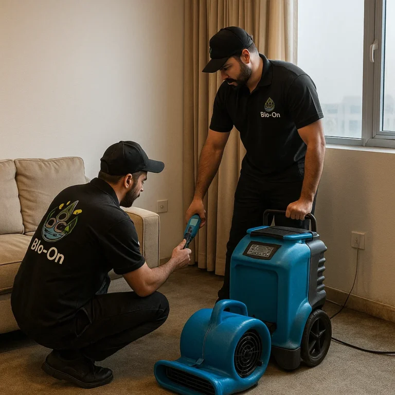 Bio-On technicians drying a soaked carpet to stop musty odors at the source