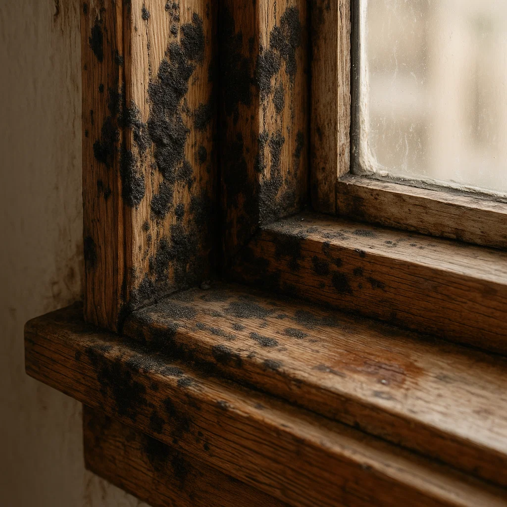 Black mold growing on wooden surfaces in a UAE home