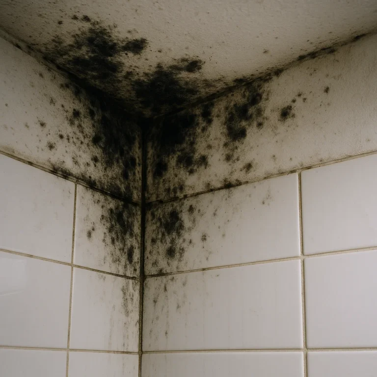 Black mold patches spreading on a bathroom wall in a UAE home