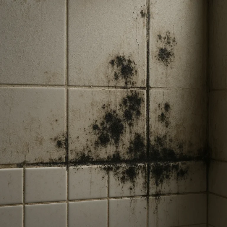 Black mold patches spreading on a damp bathroom wall in a UAE home