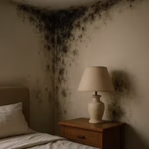 Black mould spreading on a bedroom wall, a common cause of mould toxicity symptoms