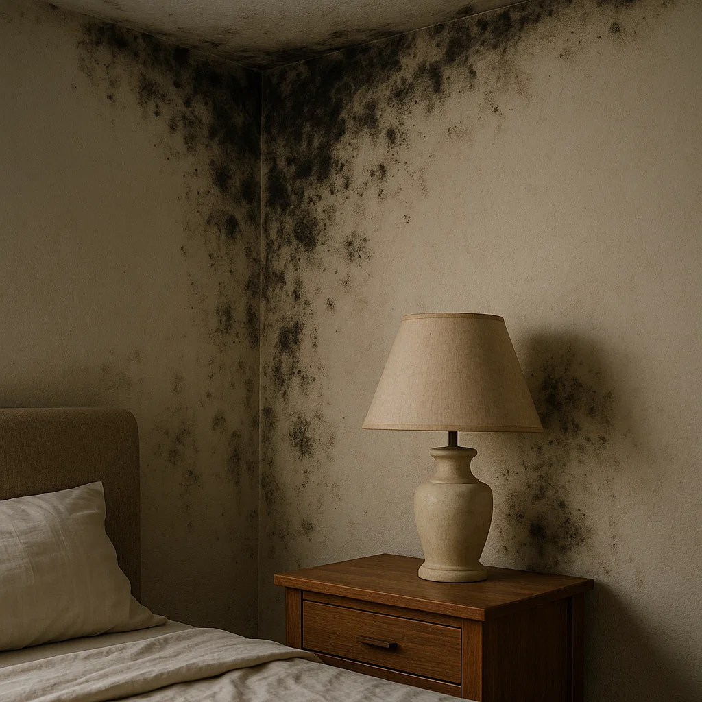 Black mould spreading on a bedroom wall, a common cause of mould toxicity symptoms