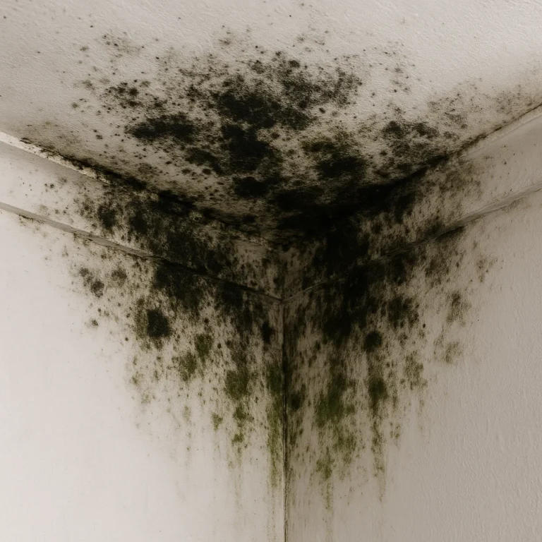 Ceiling with mould growth caused by moisture and poor ventilation