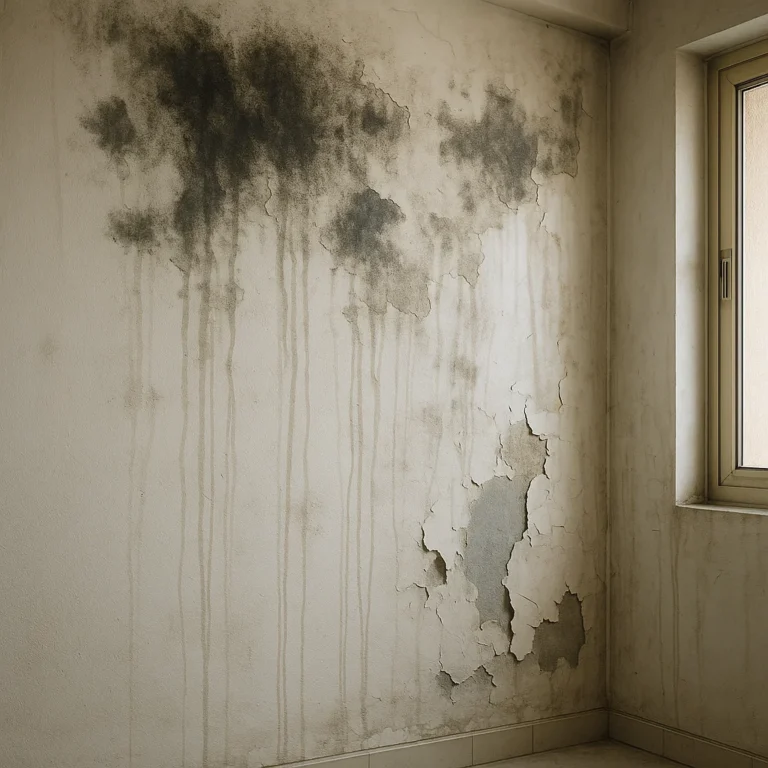 Damp wall with peeling paint caused by condensation in a UAE home