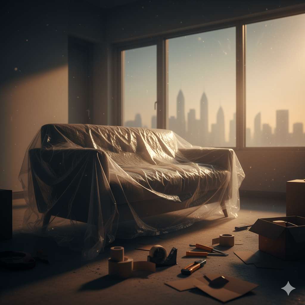 A half-wrapped sofa glowing under sunset light during a DIY furniture wrapping session in Dubai