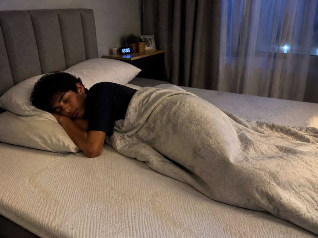 A boy sleeping on a memory foam mattress bed